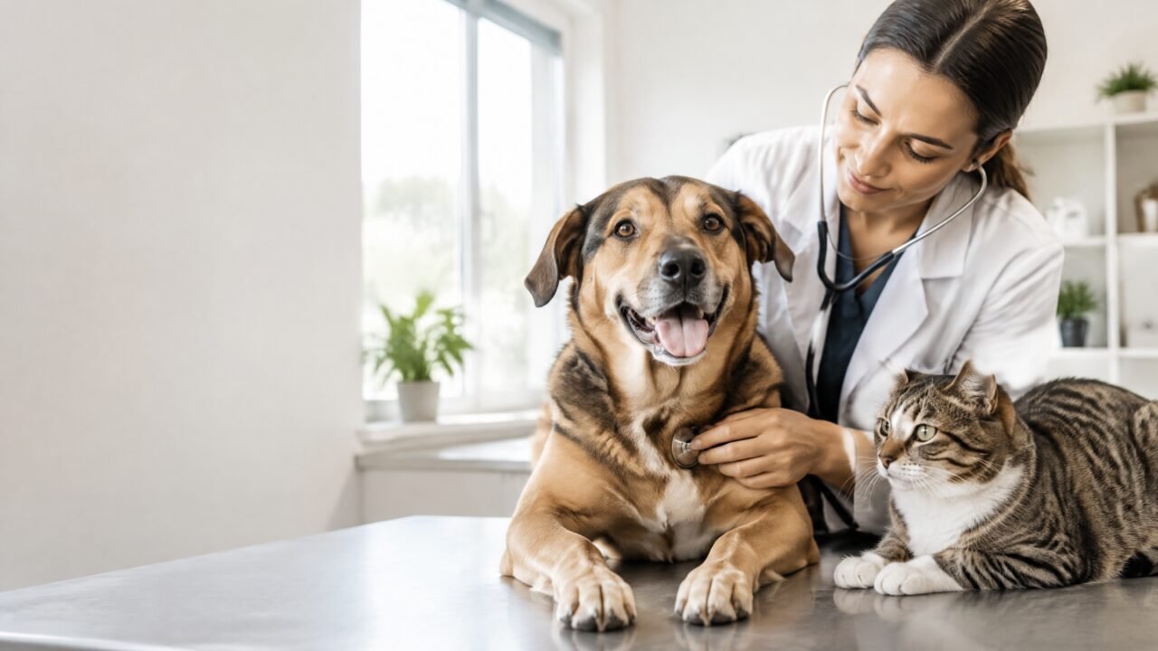 Médica veterinária realizando cuidados preventivos para pets em consultório acolhedor