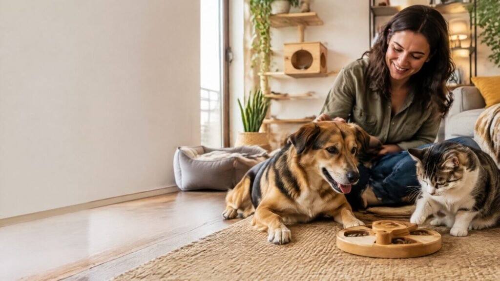 Cão e gato juntos descansando em ambiente acolhedor focando no bem-estar de cães e gatos