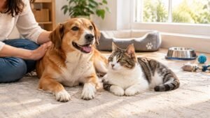 Cão e gato relaxando juntos em um ambiente preparado para a rotina para cães e gatos.