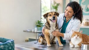 Veterinário examinando cão em consulta de medicina veterinária preventiva