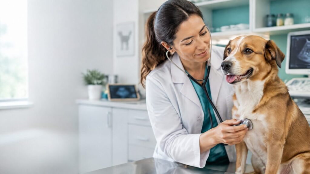 Médica-veterinária examinando carinhosamente um cão em consultório moderno e equipado.
