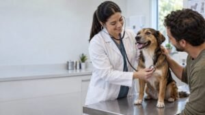 Cão feliz e saudável recebendo atenção veterinária durante consulta de cuidados preventivos