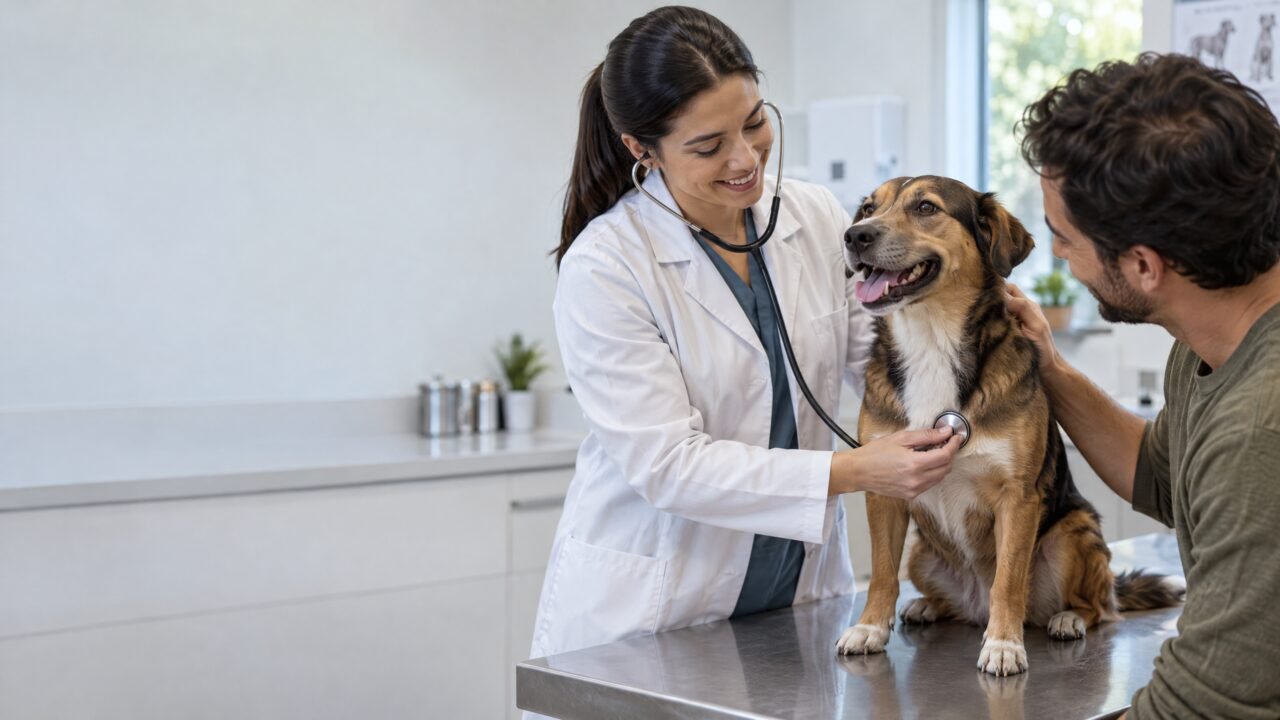 Cão feliz e saudável recebendo atenção veterinária durante consulta de cuidados preventivos