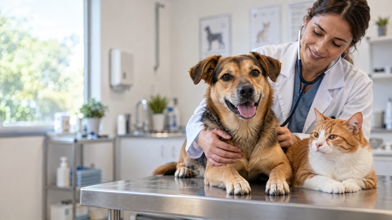 Veterinário realizando exames de rotina e cuidados preventivos em um cachorro sorridente.
