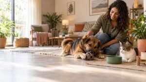 Cão e gato descansando juntos em uma sala aconchegante promovendo o bem-estar para cães e gatos